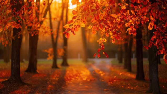 Autumn forest path with sunlit orange leaves fall trees