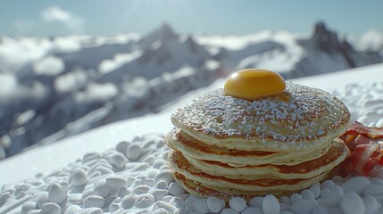 Delicious pancakes with egg yolk served on snowy mountain top during sunny morning