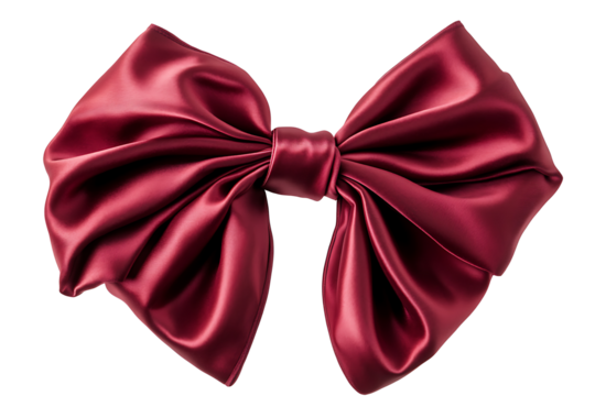 Red Christmas bow with satin texture and elegant folds isolated on a transparent background 