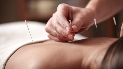 A close-up of a young woman's back with steel needles during an acupuncture procedure. A doctor performs an acupuncture procedure. Concept of alternative medicine.