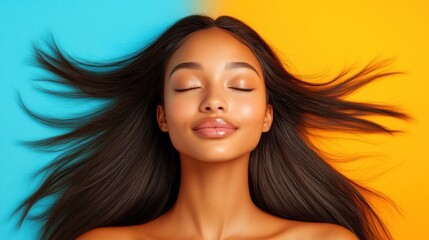 Woman with flowing hair enjoys serenity against vibrant orange and turquoise backdrop