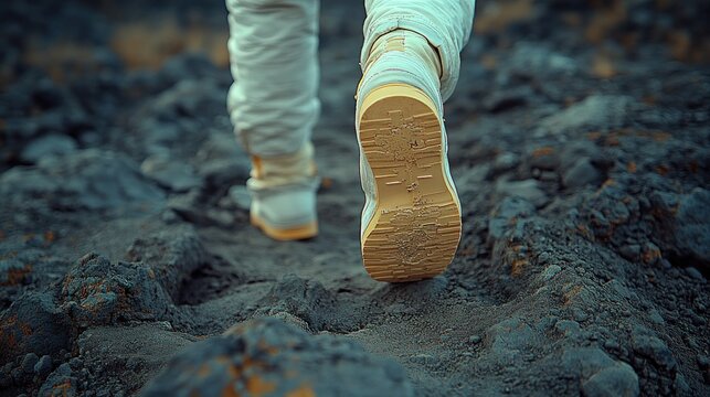 Walking on rugged terrain in volcanic landscape with adventurous spirit