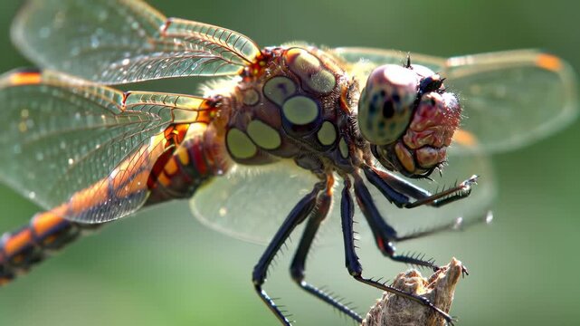 Macro dragonfly perched on twig with soft green background, good for nature illustrations