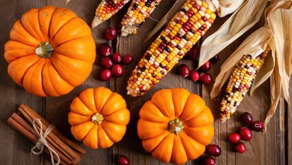 Autumn harvest pumpkins corn cranberries and cinnamon sticks