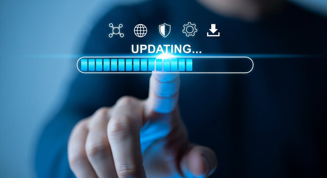 Finger pointing at updating bar with icons on blue background indicating system software upgrade process