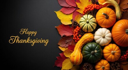 Autumn harvest pumpkins gourds and fall leaves with Happy Thanksgiving text
