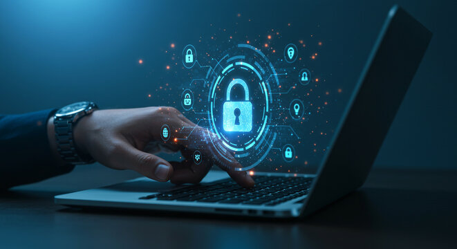 Professional safeguarding digital information with advanced cyber security technology and glowing network connections on laptop