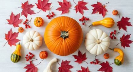 Autumn harvest pumpkins gourds red maple leaves and berries