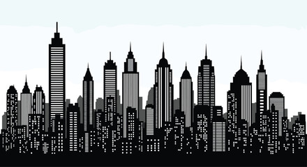 Obraz premium Black silhouette of a city skyline with numerous skyscrapers and illuminated windows at night.