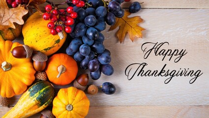 Autumn harvest pumpkins grapes acorns and red berries