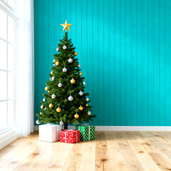 Festive Christmas tree with gold star and gifts creating a bright and joyful holiday atmosphere in a modern cozy home
