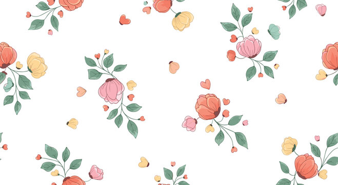 Watercolor floral pattern with soft pink, peach and yellow flowers and green leaves on a white background.
