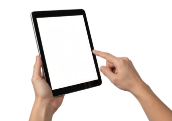 Modern Electronic Device: Hand Interacting with a Blank Tablet, Cut Out, Clipping Path, Isolated on a Transparent PNG Background.