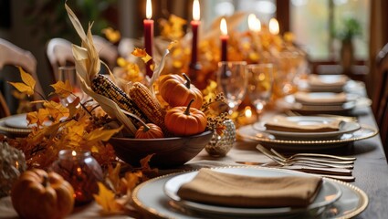 Autumn Harvest Thanksgiving Table Setting with Pumpkins and Candles
