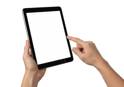 Modern Electronic Device: Hand Interacting with a Blank Tablet, Cut Out, Clipping Path, Isolated on a Transparent PNG Background.