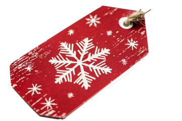 Sleek Christmas gift tag with snowflake print and string loop isolated on transparent background
