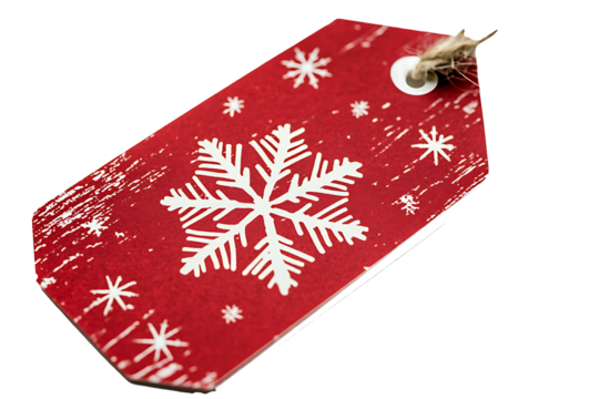 Sleek Christmas gift tag with snowflake print and string loop isolated on transparent background  - Powered by Adobe