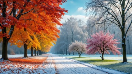 Autumn leaves and snow covered trees in park winter