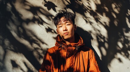 A teenage Korean boy, styled as an idol, stands under the shadow of a tree, looking confidently at the camera. His youthful charm, trendy fashion, and natural setting