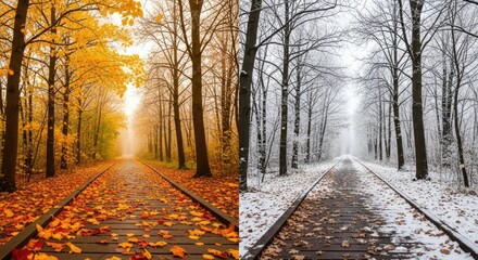 Autumn leaves and winter snow on wooden railway tracks