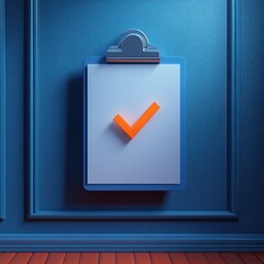 Bright orange check mark on clipboard against blue wall in modern space