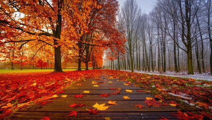 Autumn leaves on wooden path transitioning to winter snow