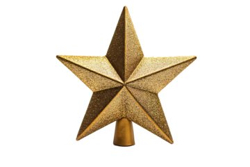 Unique Christmas tree topper shaped like a golden star isolated on a transparent background 