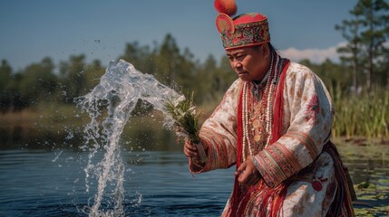A water blessing master dressed in traditional cultural attire performs a ceremonial blessing, surrounded by spiritual and natural elements