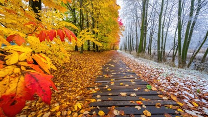 Autumn leaves transition to winter snow on wooden path