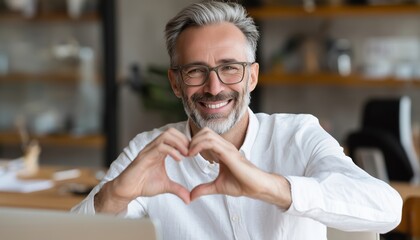 Mature Businessman Expresses Love And Positivity Through Heart Symbol, Charity, And Gratitude At Home Office Workplace.
