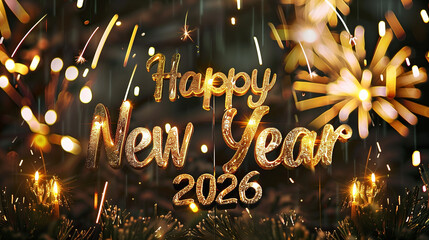 Happy New Year 2026 greeting with vibrant fireworks and cinematic glow.

