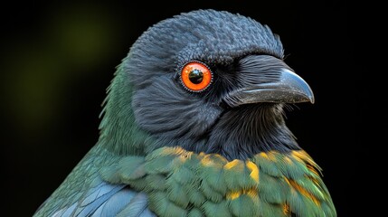 Vibrant bird perched against a dark background showcasing striking features