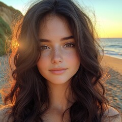 Sunset beach moment with a young woman enjoying the calm ocean waves