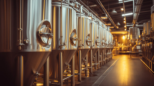 Large brewery production line, stainless steel fermentation tanks, automated bottling system, warm ambient lighting, detailed craft beverage environment.
