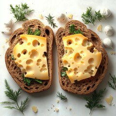 Delicious cheese sandwich with fresh herbs on a clean kitchen counter
