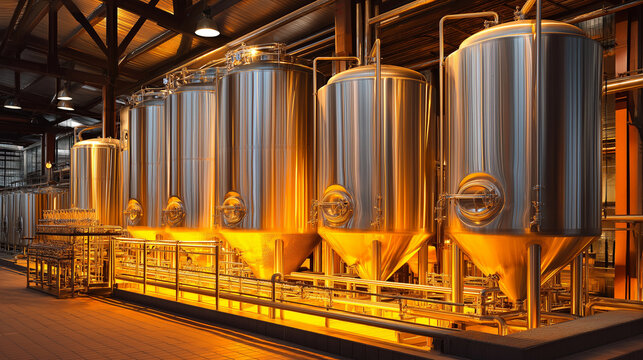Large brewery production line, stainless steel fermentation tanks, automated bottling system, warm ambient lighting, detailed craft beverage environment.