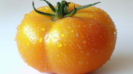 Fresh yellow tomato glistening with droplets in a bright kitchen scene