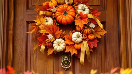 Autumn wreath with pumpkins and leaves on wooden door