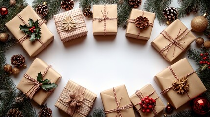 Lovely holiday gifts arranged artistically with festive decorations and greenery