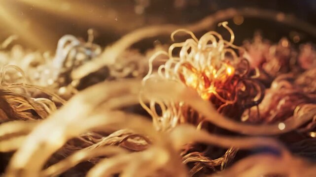 Microscopic view of tangled textile fiber strands under light