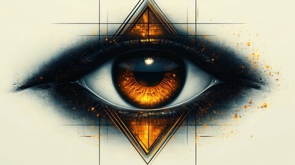 Eye with golden iris surrounded by triangular design in a mysterious artwork