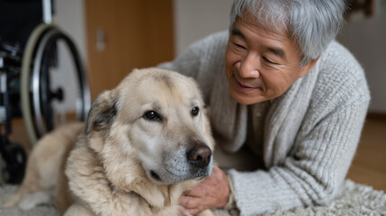 Elderly Asian Man Comforting His Old Dog at Home Beside a Wheelchair