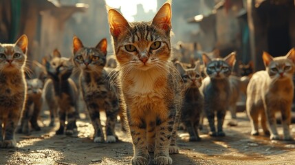 Group of curious cats exploring a sunlit alley in the early afternoon