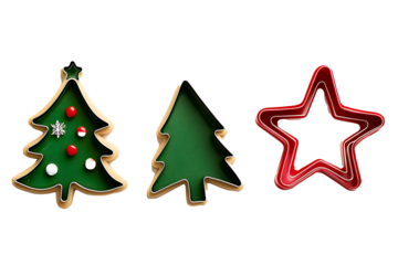 Xmas cookie cutter set including tree, star, and bell shapes isolated on transparent background 