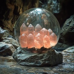 Mystical crystal arrangement inside a glowing orb on a rocky surface in a serene cave