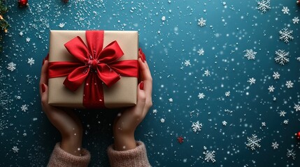 Gift wrapped in red ribbon rests on blue surface surrounded by snowflakes