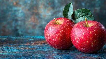 Red apples placed on a textured surface with a soft blue background