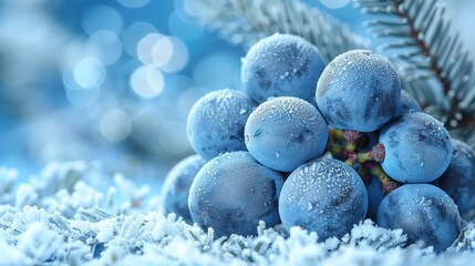 Frosty blue grapes resting on snow with shimmering background in winter