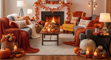 Cozy autumn living room with fireplace and pumpkins