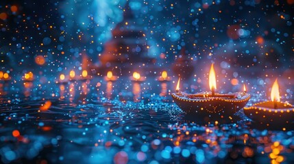 Illuminating festival of lights with colorful candles in a serene water setting